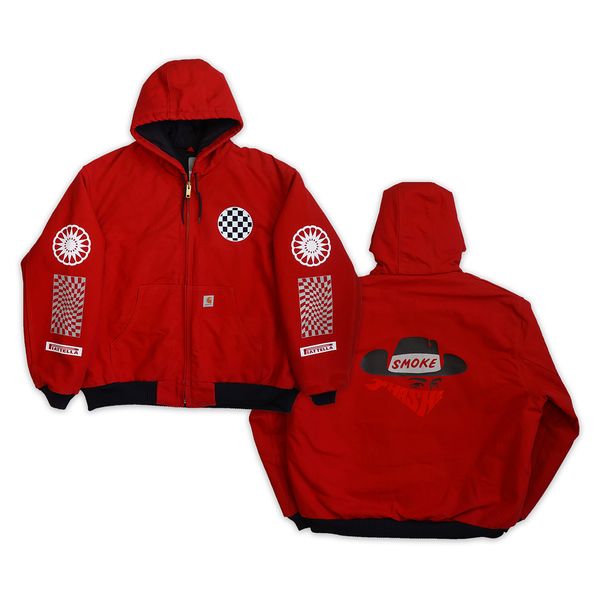 1 OF 1 UPCYCLED REFLECTIVE MR FACET "HASH BANDIT" J140 CARHARTT COAT RED