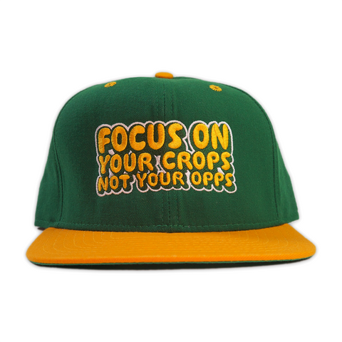 VINTAGE DS "FOCUS ON YOUR CROPS" NEW ERA SNAPBACK CAP (KELLY GREEN & YELLOW GOLD)