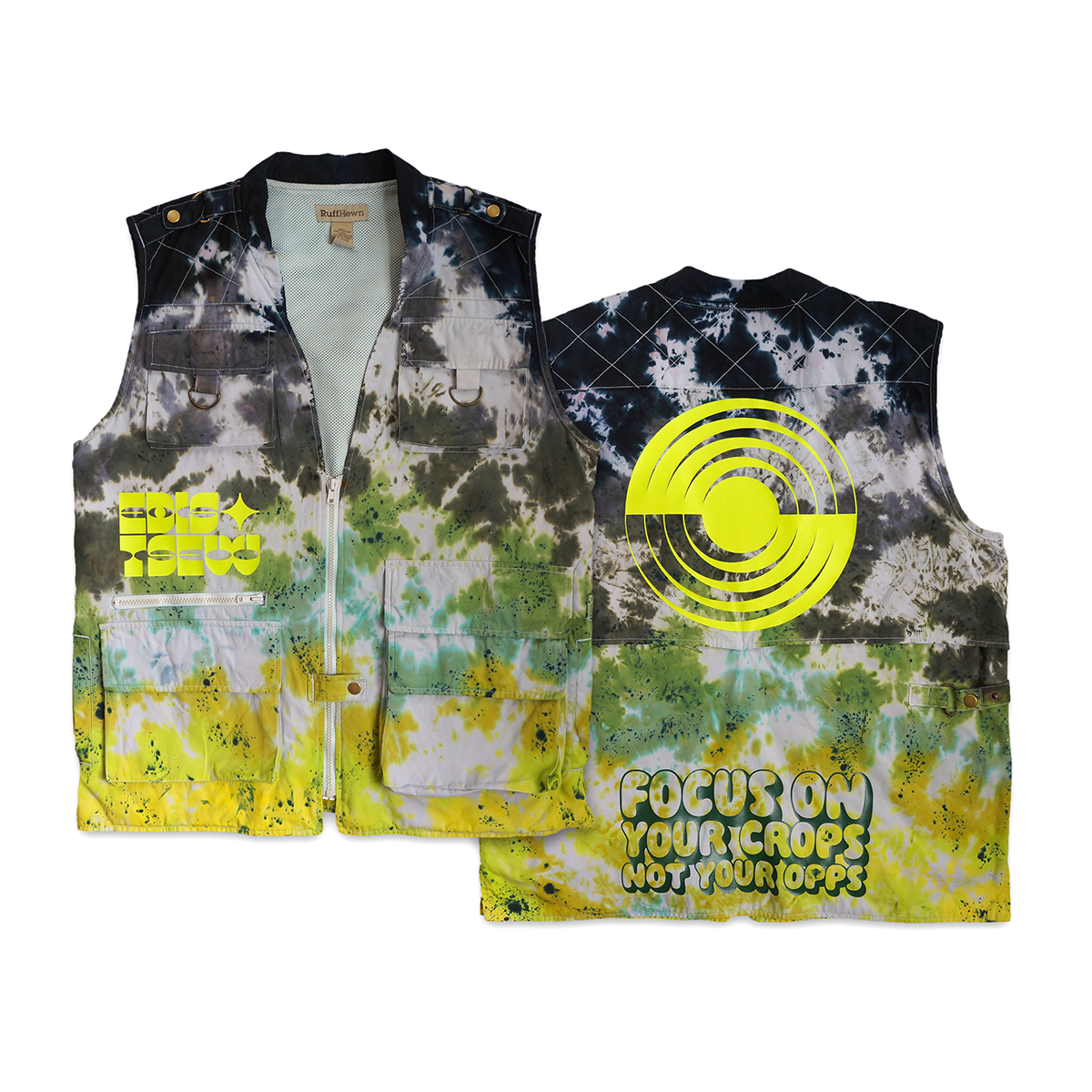 1 OF 1 VINTAGE "FOCUS ON YOUR CROPS" TIE DYE FEST VEST